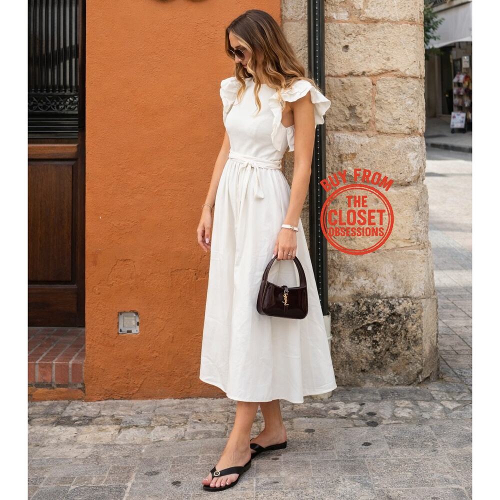 ZARA Ruffled Midi Dress NWT | Ecru Cotton Fit & Flare Belted Size M/L - Picture 9 of 16